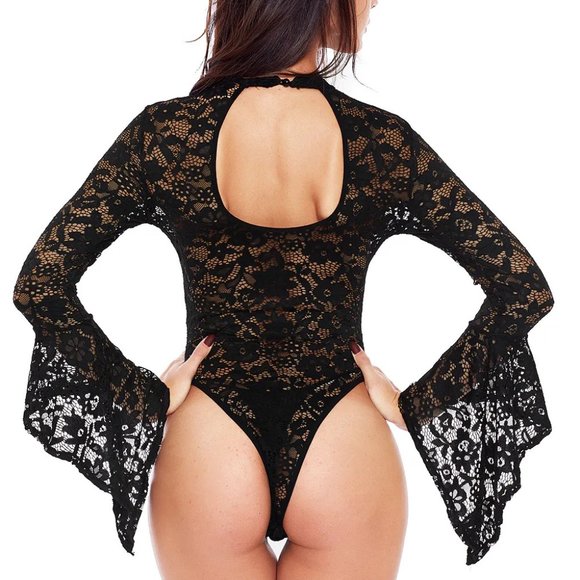 Ruby Tops - Ruby Long Bell Sleeve Lace Thong Bodysuit Top